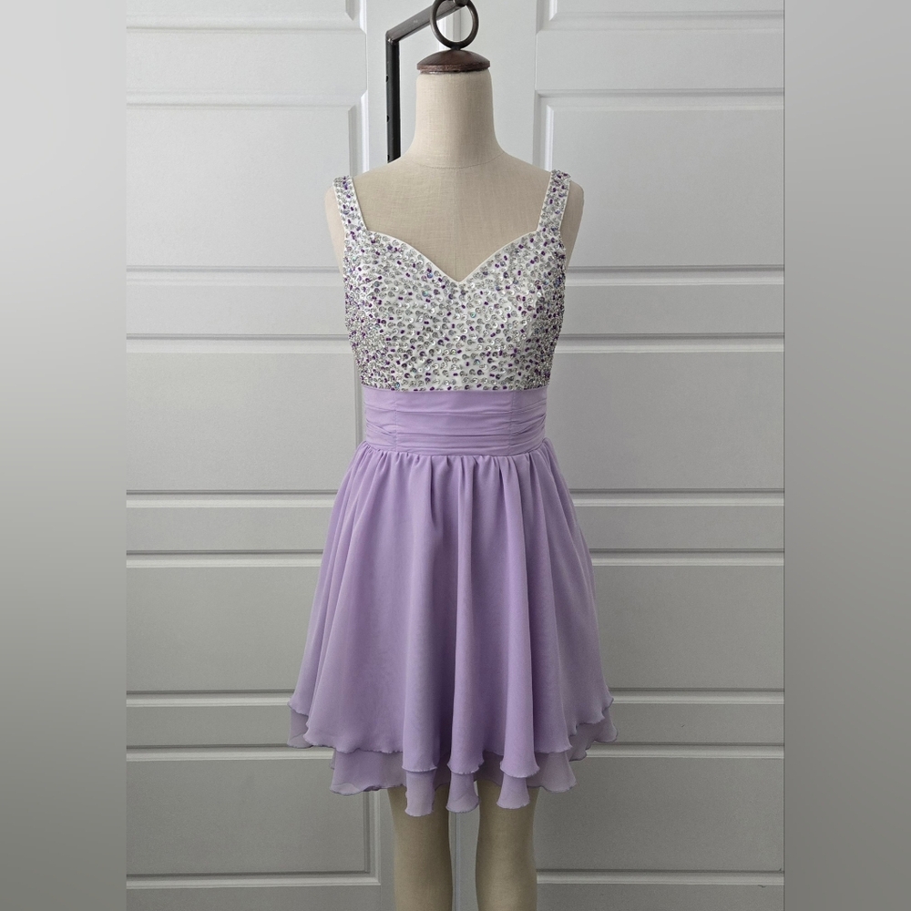 Womens Short Purple Chiffon Sleeveless Prom Dress with Sequins & Beading